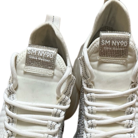 Steve Madden women's Maxima rhinestone-embellished knit sneakers in white. - Picture 14 of 15